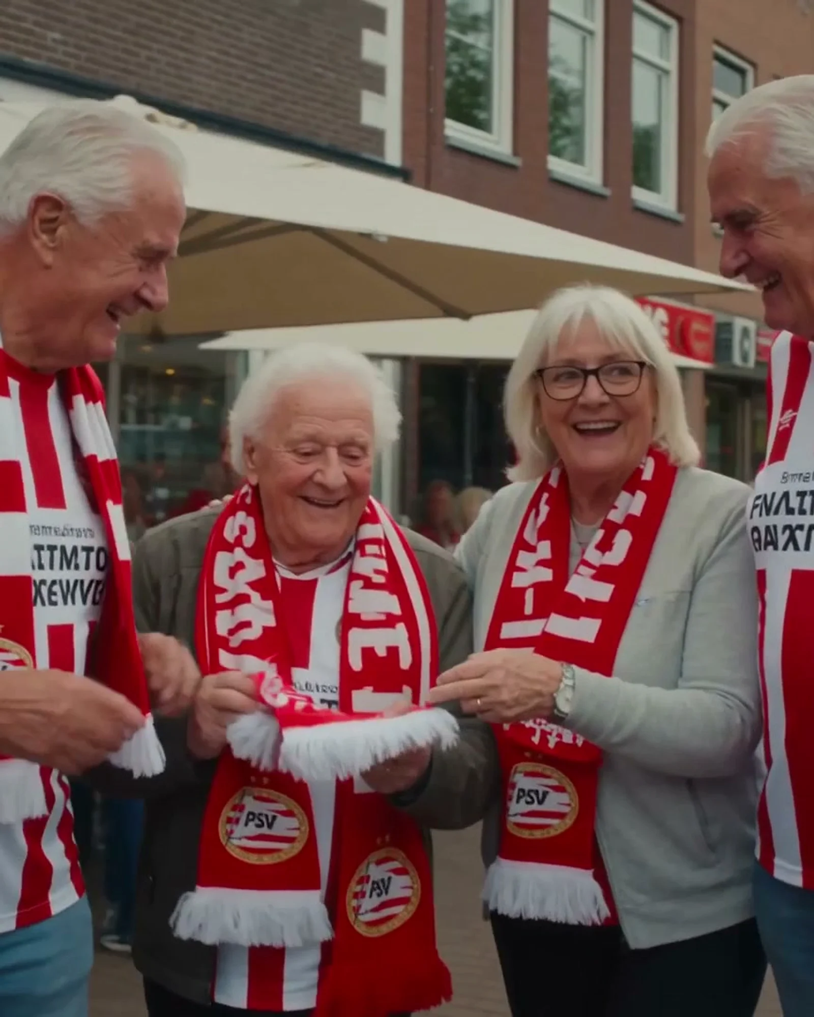 PSV supporters laughing together, scarves and striped jerseys in frame