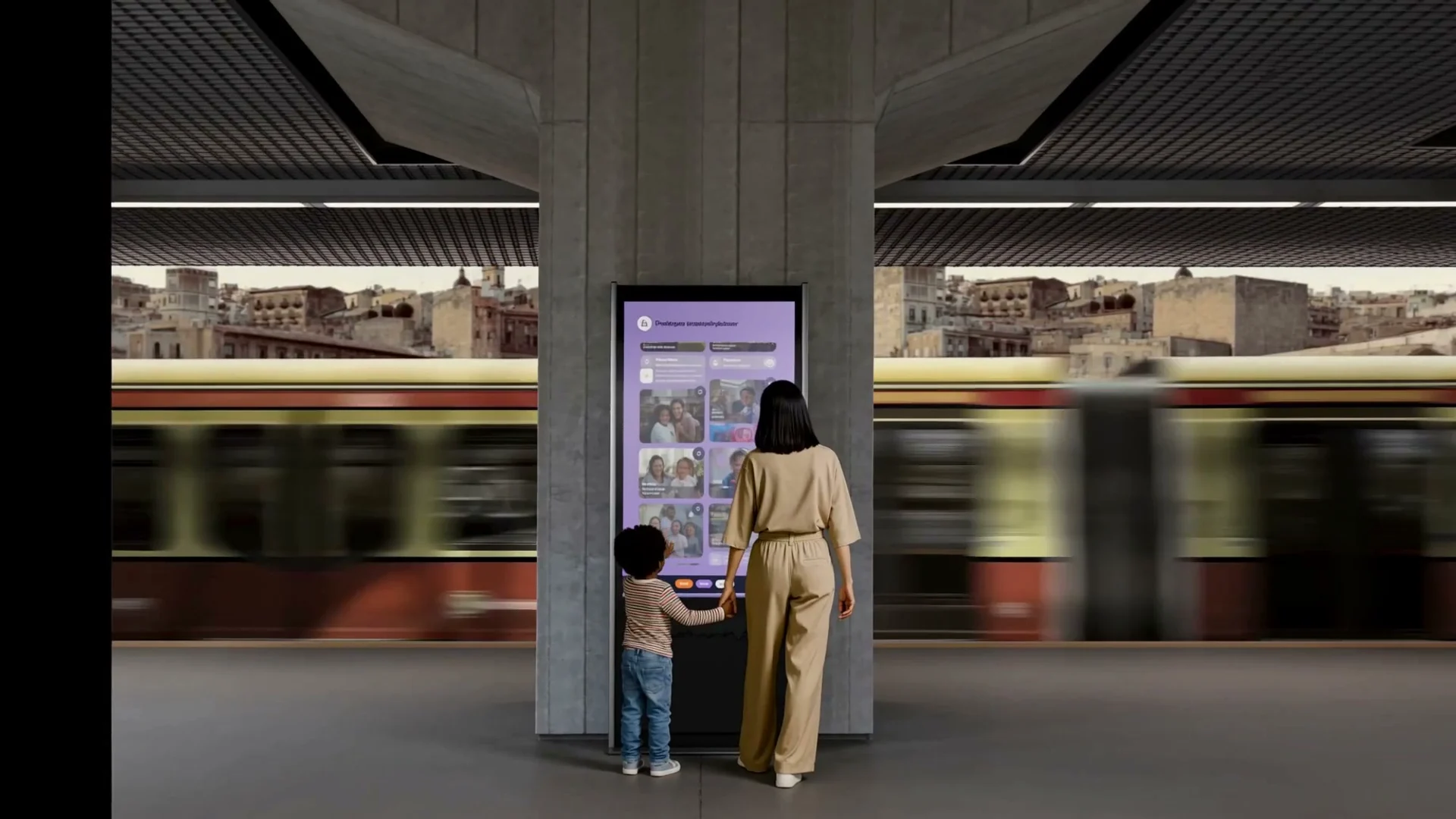 Wide view of the station kiosk showing the purple neighbourhood content interface