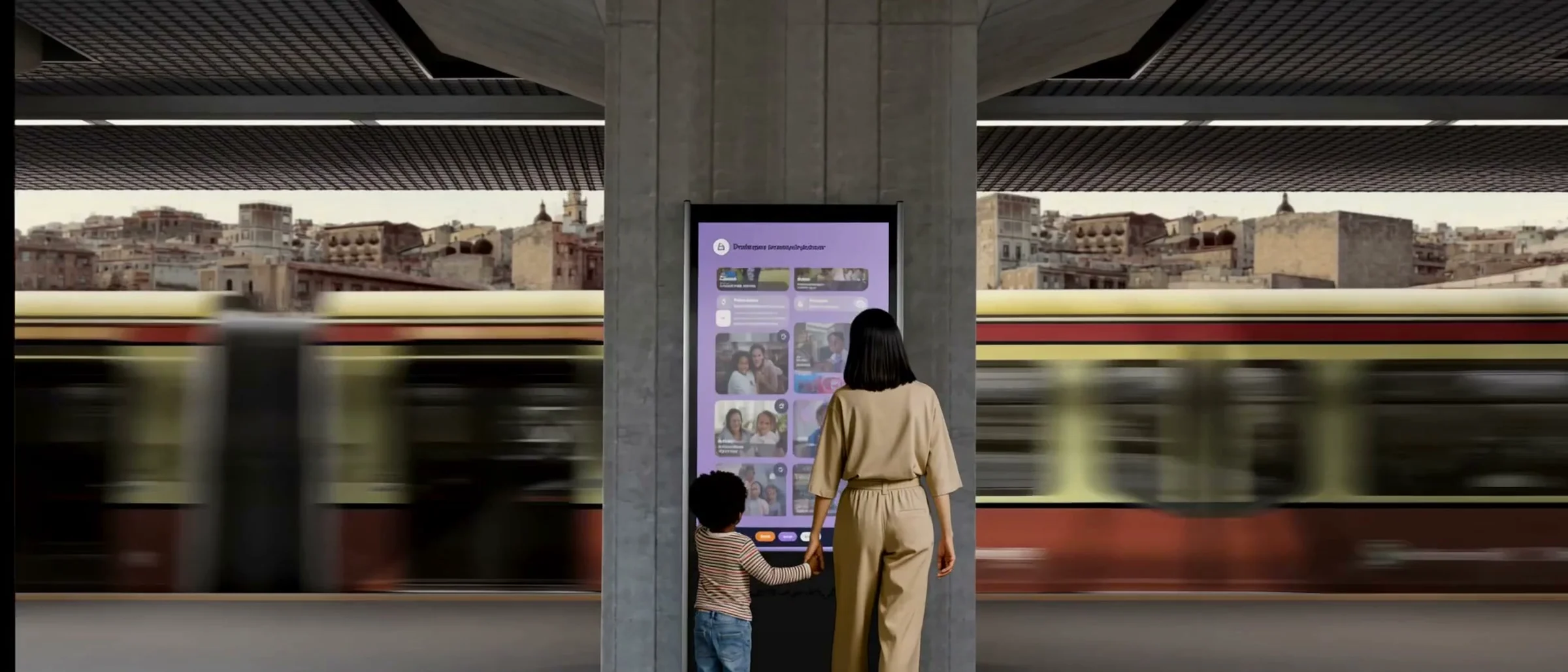 Woman and child interacting with a purple content grid on a public digital screen as a train passes