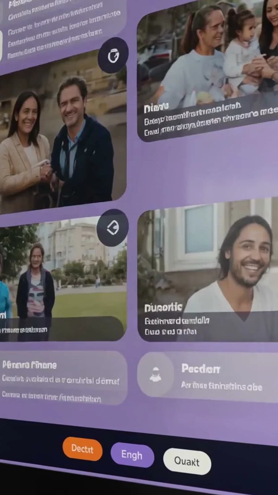 Digital screen UI showing community story cards and language buttons