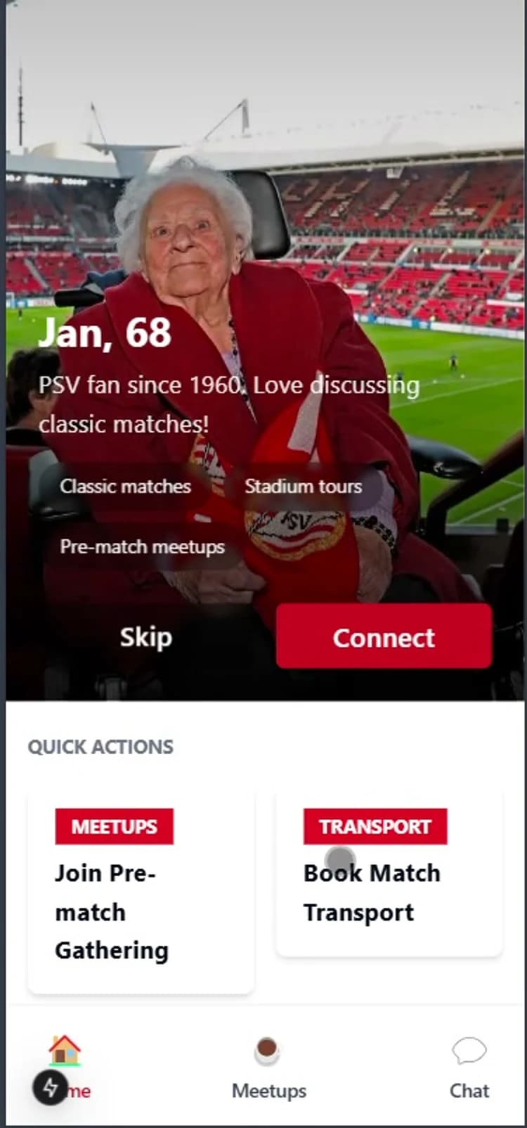 Home screen with supporter profile and quick actions for meetups and transport