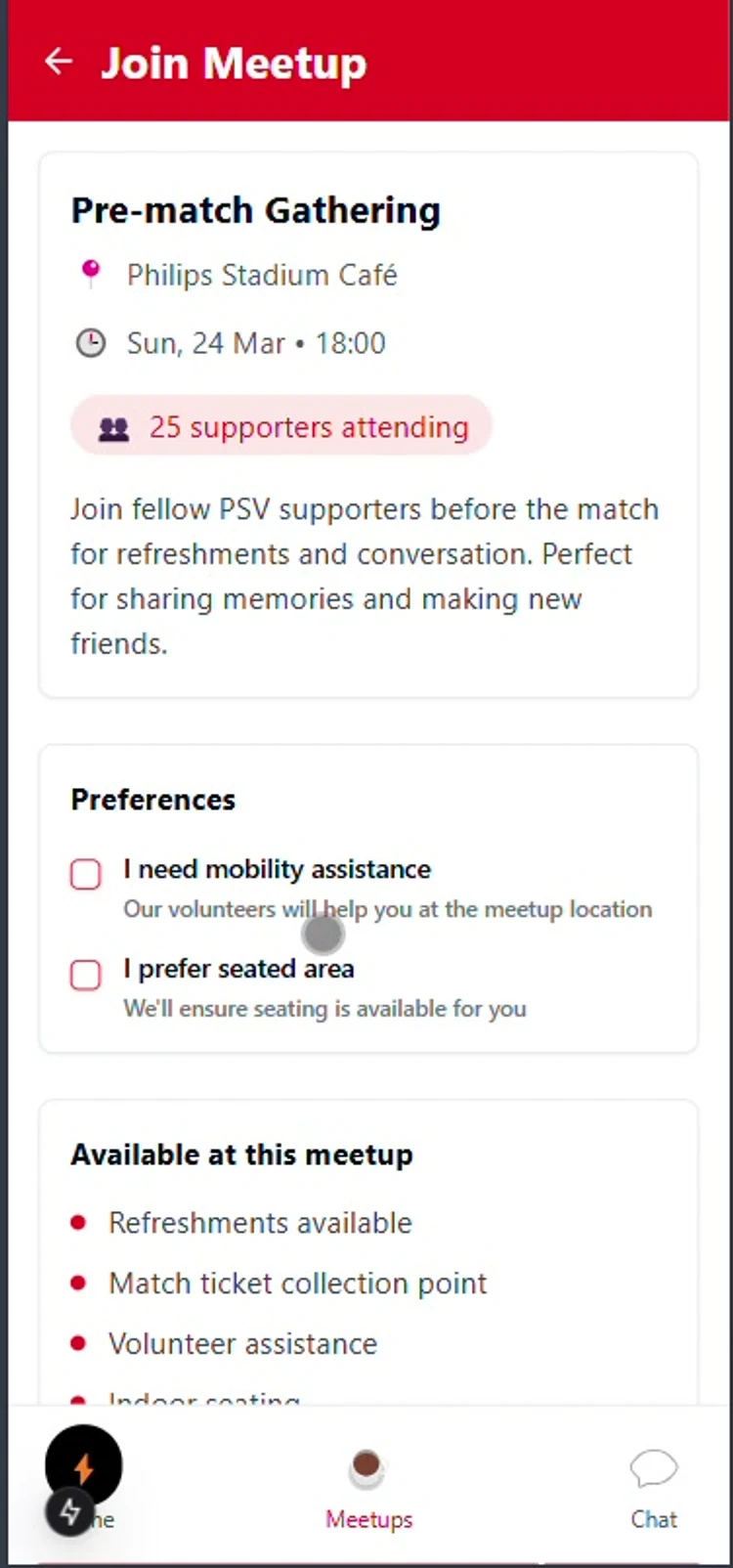Join Meetup form with mobility assistance and seating preferences