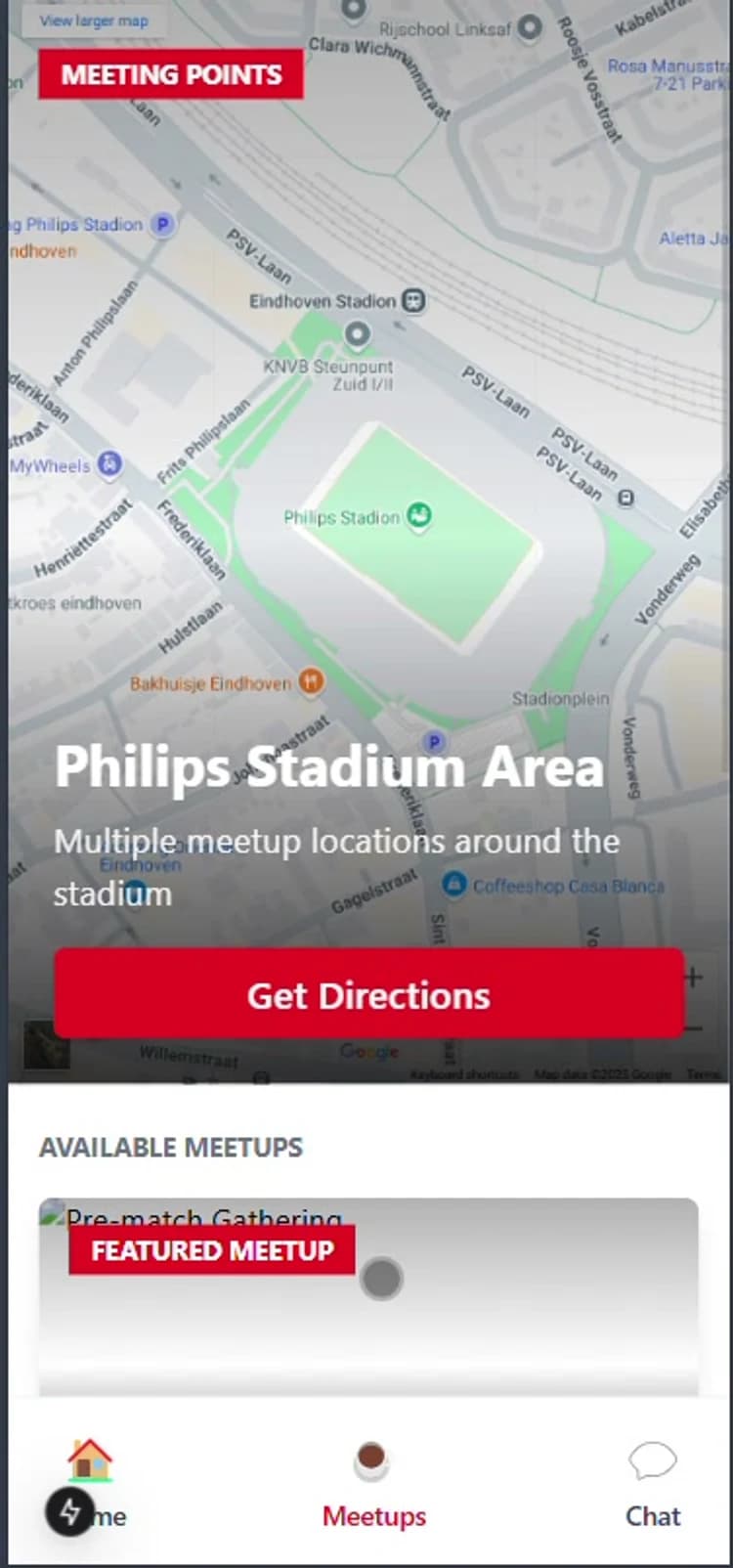 Meetups map around Philips Stadium with Get Directions