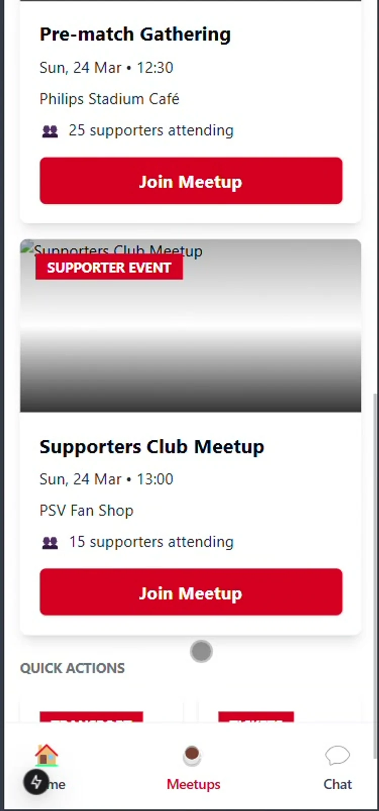 Available meetups list with Join Meetup actions