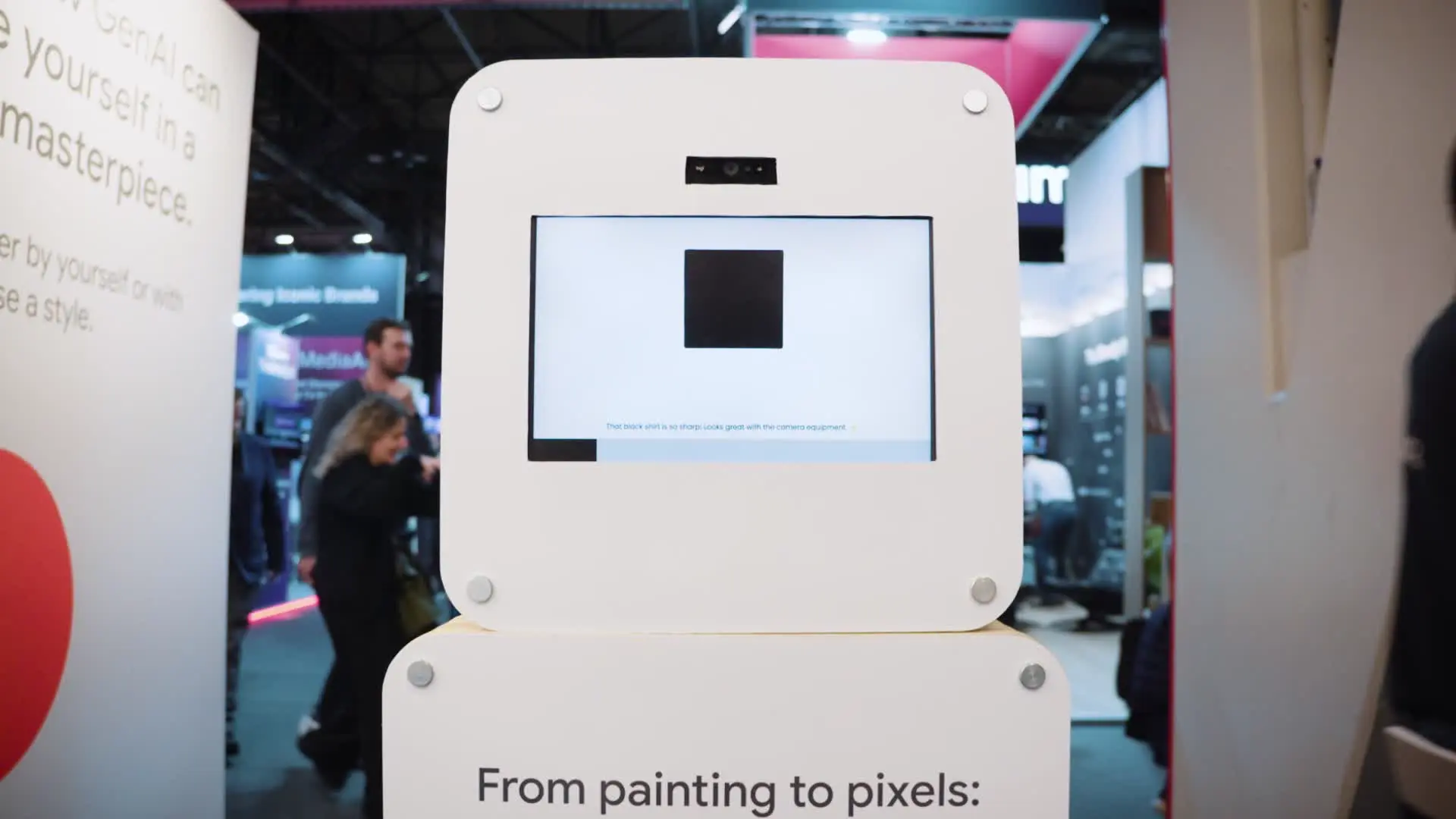 White WeSmile AI photobooth unit with ‘From painting to pixels’ pedestal copy